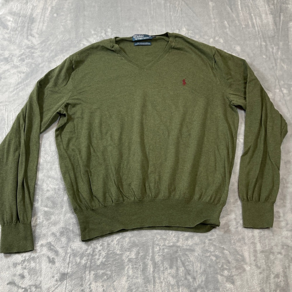 Polo Ralph Lauren Mens Sweater Large Olive Green 100% Pima Cotton V-Neck Pony